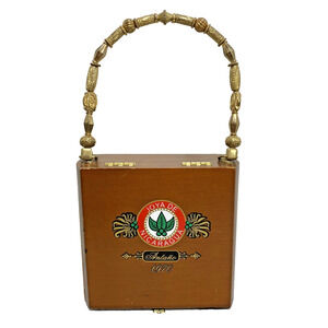 Vintage 1970's Cigar Box Purse Wood Case with Gold Beaded Top Loop Handle FLAW